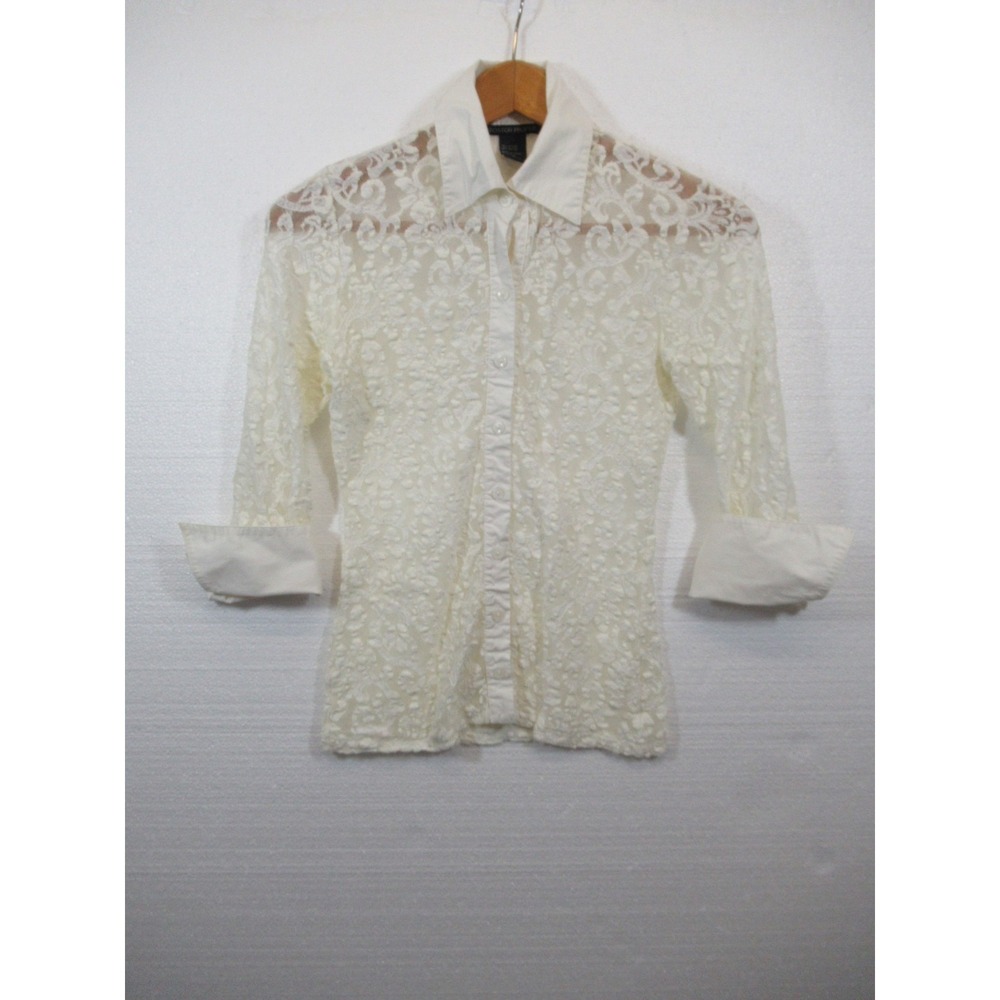 Y2K Boston Propper Fitted Sheer Lace Blouse Women 4 Ivory 3/4 Sleeve Button Up